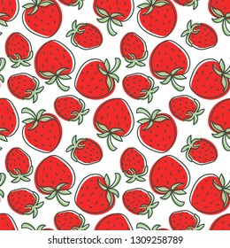 Strawberry seamless pattern. Hand drawn fresh berry. Vector sketch background. Doodle wallpaper. Red and green print