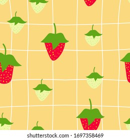 Strawberry seamless pattern, hand drawn, doodle vector background, for tablecloth, wrapping, packaging, textile, decoration.