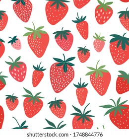 Strawberry seamless pattern with hand drawn decorative elements, white background