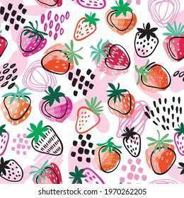 Strawberry seamless pattern. Hand drawn summer strawberry texture