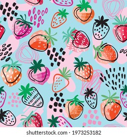 Strawberry seamless pattern. Hand drawn summer strawberry texture