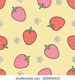 Strawberry seamless pattern Hand drawn fruit background in cartoon style used for print, wallpaper, textile vector illustration