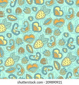 Strawberry seamless pattern with hearts and leaves Seamless pattern can be applied on different surfaces such as wallpaper, web page background, clothes and other fabrics, phone or tablet cases