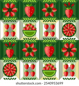Padrão sem emenda de morango com ícones, formas geométricas abstratas. Bagas maduras na tigela, na placa no fundo de mosaico listrado horizontal. Estilo plano simples. Para marcas, embalagens de alimentos, impressões.