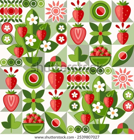 Strawberry seamless pattern with icons, abstract geometric shapes. Ripe berries, flowers, leaves on mosaic background. Simple flat style. For branding, food packaging, prints.