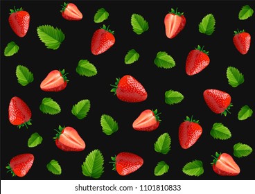 Strawberry seamless pattern isolated on black background, vector and illustration.