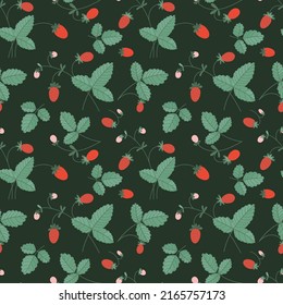 Patrón de fresa sin soldadura. Hojas y bayas de fresas silvestres en un sencillo estilo plano sobre un fondo oscuro.