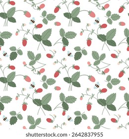 Strawberry seamless pattern. Leaves and berries of wild strawberries in a simple flat style on white background. Vecor illustration.