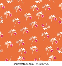  strawberry seamless  pattern , leaves, branches. Hand drawn.