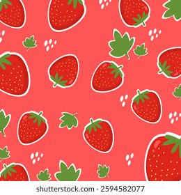 Strawberry seamless pattern with leaves and seed. Fruit cartoon illustration. For wallpaper, textile, fashion fabric,backdrop,banner and paper wrapping