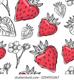 Erdbeeren nahtloses Muster. Linienzeichnung