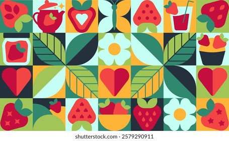 Strawberry Seamless Pattern in Modern Geometric Style