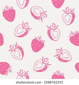 Strawberry seamless pattern. Modern hand drawn background with summer fruits. Trendy flat illustration of strawberries. Design for wallpaper, textile, wrapping paper, and print