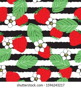 Strawberry seamless pattern on black nad white striped background