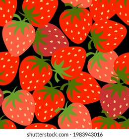 Strawberry seamless pattern on black. Vector Fruit texture for packaging and fabric .