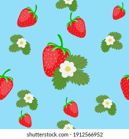 Strawberry seamless pattern on blue background. Red berries, green leaves, white flowers. Vector illustration.