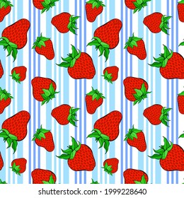 Patrón de fresa sin soldadura sobre fondo de rayas azules. Berry roja que repite textura interminable. Sólidos antecedentes ilimitados. Diseño de patrones de superficie vegetal. Baldosas editables para productos textiles de cocina.