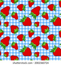 El patrón de fresa sin fisuras en el fondo azul de gingham. Berry roja que repite textura interminable. Sólidos antecedentes ilimitados. Diseño de patrones de superficie vegetal. Baldosas editables para productos textiles de cocina.