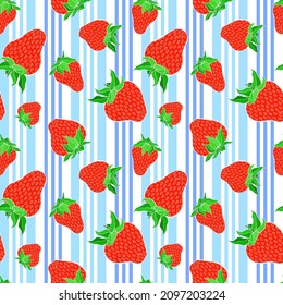 Strawberry seamless pattern on blue striped background. Red berry repeating endless texture. Yummy boundless background. Vegan food surface pattern design. Editable tile for kitchen textile.