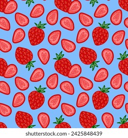 Patrón sin costuras de fresa sobre un fondo azul. Diseño dibujado a mano, impresión de la comida.