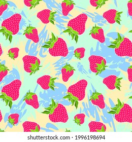 Strawberry seamless pattern on colorful spots background. Pink berry repeating endless texture. Yummy boundless background. Vegan food surface pattern design. Pastel stains editable tile.