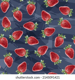 Strawberry. Seamless pattern on a dark background. Bright, multi-colored garden berries.Summer, botanical, natural design for printing on fabric, paper.