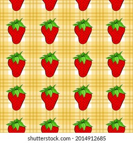 Strawberry seamless pattern on orange gingham background. Red berry repeating endless texture. Yummy boundless background. Vegan food surface pattern design. Editable tile for kitchen textile.
