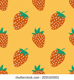 Strawberry seamless pattern on orange background. Vector strawberries in cartoon style. Bright colourful pattern with juicy berries. Design for textile, fabric, menu, greeting cards, wrapping paper.
