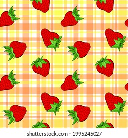 Patrón de fresa sin fisuras en el fondo de los cuadros pastel. Berry roja que repite textura interminable. Sólidos antecedentes ilimitados. Diseño de patrones de superficie vegetal. Baldosas editables para productos textiles de cocina.