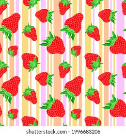 Strawberry seamless pattern on pastel striped background. Red berry repeating endless texture. Yummy boundless background. Vegan food surface pattern design. Editable tile for kitchen textile.