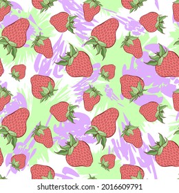 Patrón de fresa sin fisuras sobre fondo de manchas pastel. Berry rosa que repite textura interminable. Sólidos antecedentes ilimitados. Diseño de patrones de superficie vegetal. Nude manchas editables en mosaico.