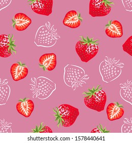 Strawberry seamless pattern on red background. Vector illustration of ripe berries and white outline in cartoon simple flat style.