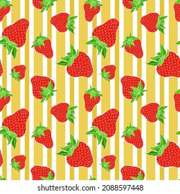 Strawberry seamless pattern on striped background. Red berry repeating endless texture. Yummy boundless background. Vegan food surface pattern design. Editable tile for kitchen textile.