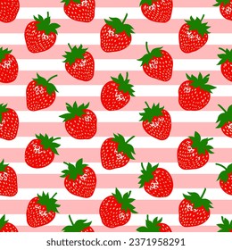 Strawberry. Strawberry seamless pattern on a striped pink background. Summer berry strawberry. The design is great for wallpaper, fabric, labels, packaging.