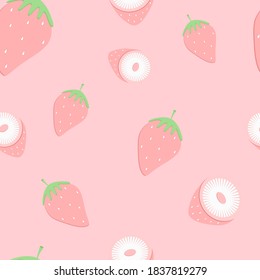 Patrón de fresa sin foco sobre fondo rosa dulce. Ilustración de vectores planos recortados