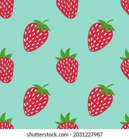 Strawberry seamless pattern on turquoise background. Vector strawberries in cartoon style. Bright colourful pattern with juicy berries. Design for textile, fabric, menu, room decor, greeting cards.