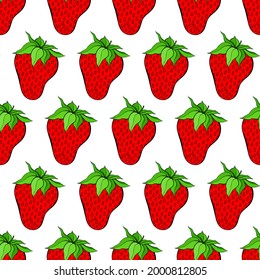 Strawberry seamless pattern on white background. Red berry repeating endless texture. Yummy boundless background. Vegan food surface pattern design. Editable tile for kitchen textile.