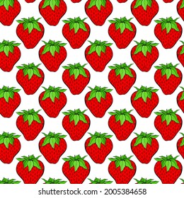 Strawberry seamless pattern on white background. Red berry repeating endless texture. Yummy boundless background. Vegan food surface pattern design. Editable tile for kitchen textile.