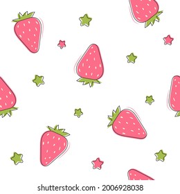 strawberry seamless pattern on a white background.  strawberries and stars in cartoon style vector illustration