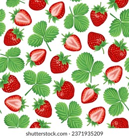 Strawberry. Strawberry seamless pattern on a white background. Summer strawberry, whole with leaves and sliced. The design is great for wallpaper, fabric, labels, packaging.