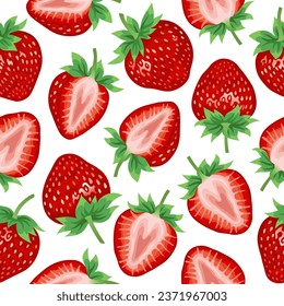 Strawberry. Strawberry seamless pattern on a white background. Summer strawberries, whole and sliced. The design is great for wallpaper, fabric, labels, packaging.