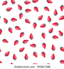 Strawberry seamless pattern on white background. Vector illustration for fresh fruit design. Healthy food concept. Red pink color. Organic illustration with many cartoon strawberry. Raw natural fruit.