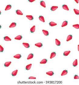 Strawberry seamless pattern on white background. Vector illustration for fresh fruit design. Healthy food concept. Red pink color. Organic illustration with many cartoon strawberry. Raw natural fruit.