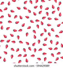 Strawberry seamless pattern on white background. Vector illustration for fresh fruit design. Healthy food concept. Red pink color. Organic illustration with many cartoon strawberry. Raw natural fruit.