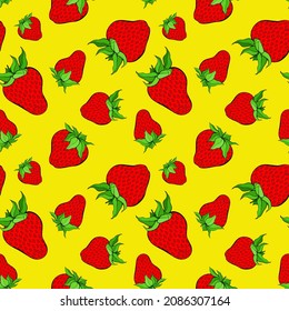 Patrón ininterrumpido de fresa sobre fondo amarillo. Berry roja que repite textura interminable. Sólidos antecedentes ilimitados. Diseño de patrones de superficie vegetal. Baldosas editables para productos textiles de cocina.