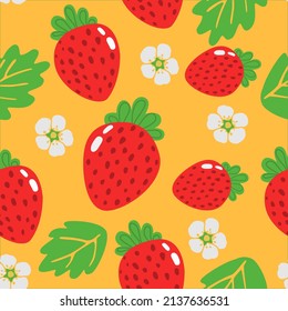 Patrón de fresa sin soldadura sobre fondo de rayas amarillas. Berry roja que repite textura interminable. Sólidos antecedentes ilimitados. Diseño de patrones de superficie vegetal. Baldosas editables para productos textiles de cocina.