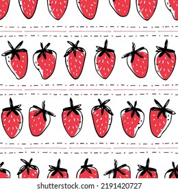 Fresa, patrón sin costuras. Fruta fresca orgánica, ilustración vectorial hecha a mano. Impresión cúpula para tela de cocina, mantel, pañuelo. Frutas tropicales, dibujadas a mano. Diseño de fondo.