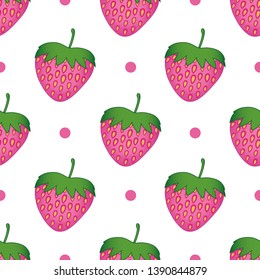 Strawberry seamless pattern. Pink strawberries, and decorative dots on isolated white background. For children fabric, backdrop, textile, texture, wallpaper, etc. EPS-10 vector, printable CMYK colors.