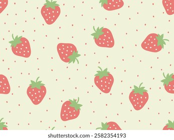 STRAWBERRY SEAMLESS PATTERN WITH POLKA DOT ALL OVER PRINT VECTOR ILLUSTRATION