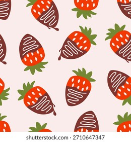 Patrón sin fisuras de fresa. Impresión de fresas cubiertas de chocolate, lindo fondo con bayas para el papel de embalaje de moda, embalaje de tela textil. Textura de Vector.